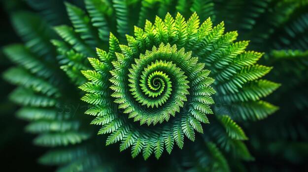 Close-up of a vibrant green fern frond curled into a spiral pattern photo