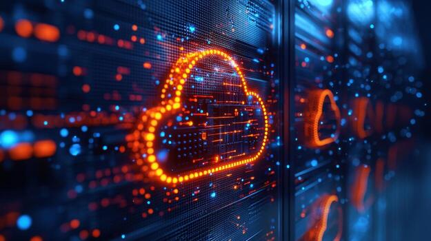 Digital cloud storage symbol on a data server with glowing lights and data points photo