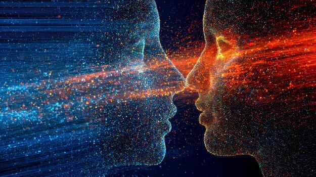 Digital depiction of two interconnected faces with vibrant light particles symbolizing connection and communication photo