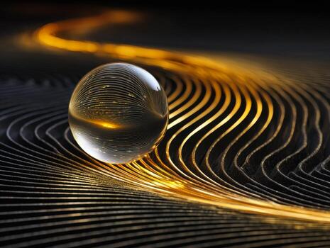 Abstract artistic composition featuring a crystal sphere resting on illuminated textured surface with flowing golden light patterns photo