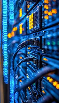 Close-up view of a server rack with illuminated network equipment and cables in a data center photo