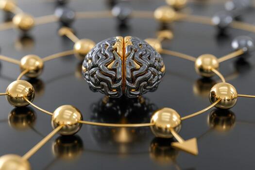 Metallic brain sculpture surrounded by interconnected golden spheres and lines symbolizing advanced neural networks and futuristic technology concepts in dark setting photo