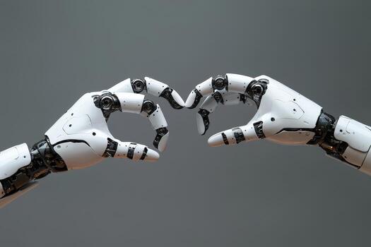 Futuristic robotic hands forming a love heart shape against a neutral background photo