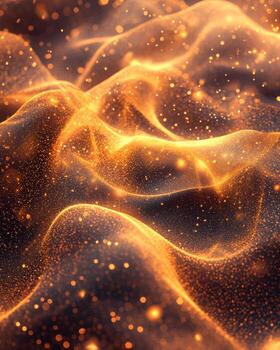 Abstract glowing gold particles and waves ripple across the dark background photo