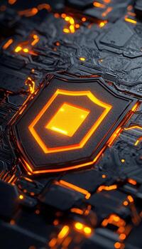 Futuristic digital security chip with glowing orange accents on a circuit board photo
