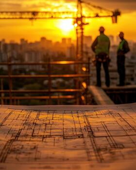 Construction site workers overlooking blueprints at sunset on a high-rise building project photo