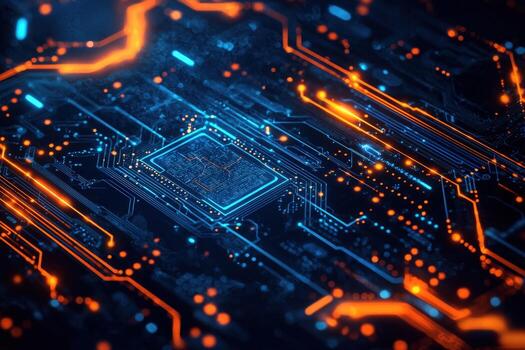 futurista digital circuito con brillante azul y naranja conexiones en un pastilla foto