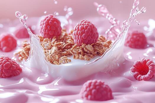 Raspberry granola breakfast with milk and fresh raspberries, splash of milk in pink background photo