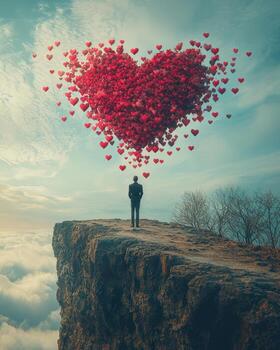 Man standing on a cliff gazing at a large heart-shaped cluster of floating red hearts in the sky photo