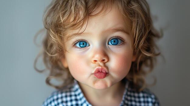 Close-up of a cute toddler with blue eyes making a duck face against a neutral background photo