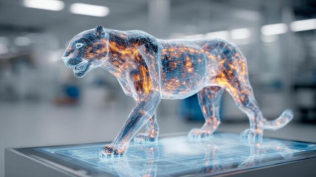 futurista holográfico digital modelo de un rugido grande gato con brillante neural red patrones desplegado en un pulcro toque pantalla en un moderno tecnología laboratorio ambiente foto
