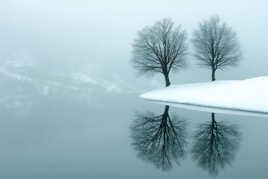 Two leafless trees on snowy shore with their reflection in calm water, winter scene photo
