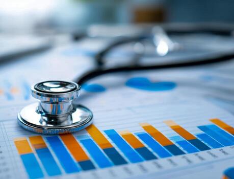Close-up of a stethoscope resting on colorful medical charts and graphs symbolizing healthcare data analysis and medical research concepts in a clinical setting photo