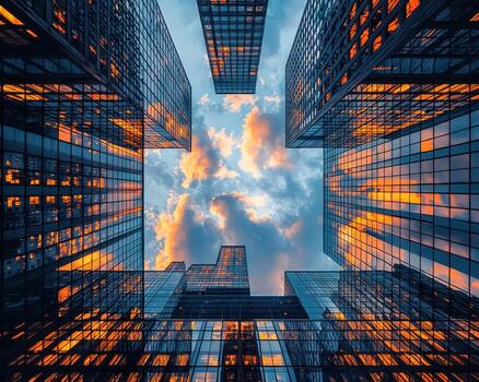 Low angle view of glass skyscrapers reflecting sunset sky with clouds photo