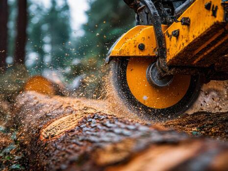Logging equipment cutting through a large tree in a forest setting photo