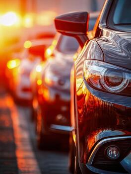 Close-up of a shiny modern vehicle front parked in a row with sunlight reflecting off the surface creating a warm glowing ambiance in an urban setting photo