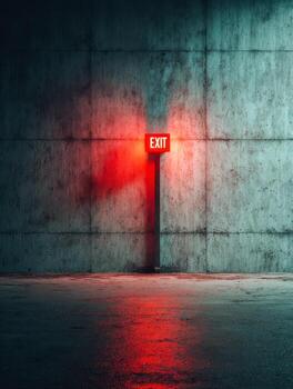 Illuminated exit sign casting a red glow on a concrete wall in a dimly lit space photo