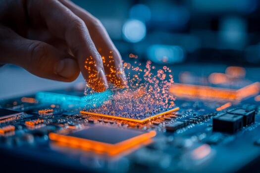 de cerca de un técnico montaje un pastilla con brillante circuito elementos y digital Chispa - chispear efectos foto