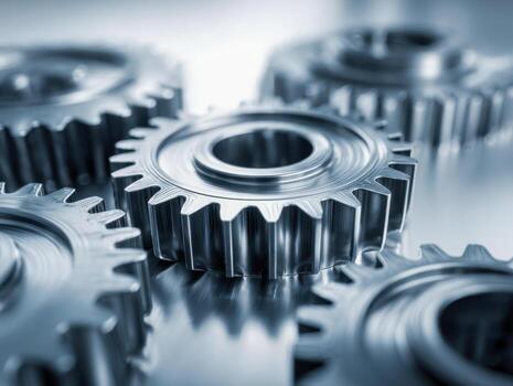 Close-up view of shiny metallic gears showcasing precision engineering and intricate mechanical components for industrial machinery and technology applications photo