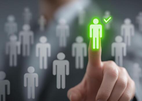 Selecting the right candidate concept with a human icon highlighted in green and a checkmark symbol on a touchscreen interface for recruitment and decision making photo