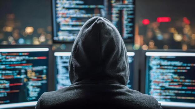 Hacker in a dark room working on multiple computer screens at night photo