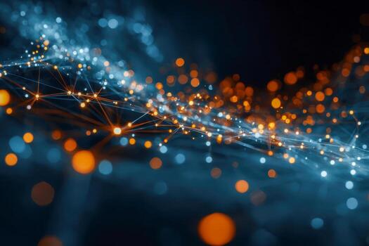 Abstract digital network with glowing orange and blue nodes connected by fine lines creating a futuristic technology background with depth and bokeh effects photo