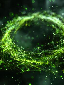 Abstract green digital network with interconnected points and glowing particles photo