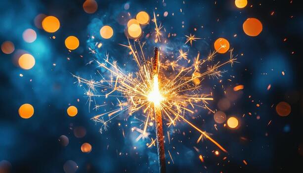 Sparkler fireworks creating bright sparks and festive bokeh lights at night photo