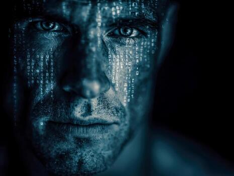 Close-up of a man's face with digital code overlay symbolizing cybersecurity or hacking themes photo