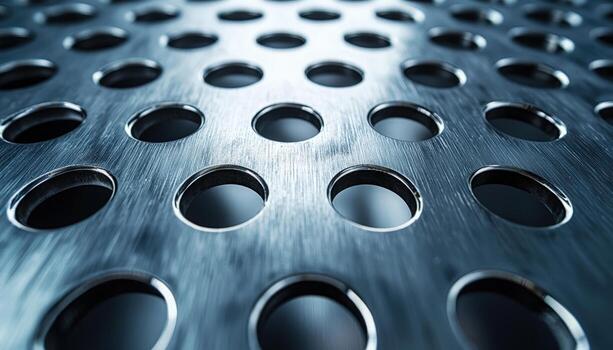 Close-up of a metallic surface with evenly spaced circular holes photo