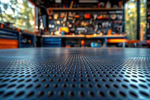 Close-up view of perforated metal surface in a well-organized workshop or garage with tools on a wall in the background photo