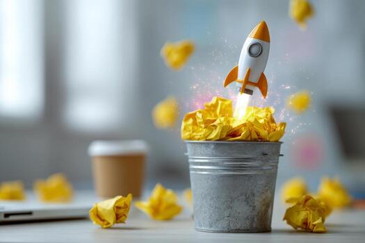 Small rocket launching from trash bin filled with crumpled yellow paper balls symbolizing innovation and fresh ideas emerging from discarded concepts in workspace setting photo