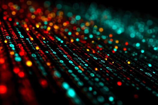 Abstract digital data streams with vibrant glowing binary code and bokeh lights photo