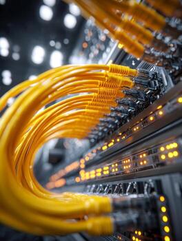 Close-up of high-speed yellow network cables plugged into a data center server rack with blinking status lights creating a dynamic technology connection scene photo