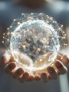 Close-up of hands holding a glowing digital globe with interconnected points symbolizing global communication and advanced technology innovation in the modern world photo