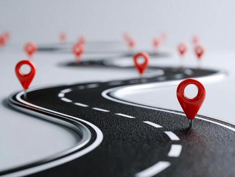 Symbolic representation of a journey or multiple destinations with a winding road lined with red location markers, illustrating progress, navigation, and exploration. photo