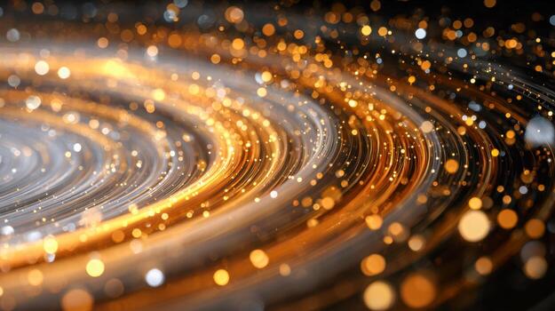 Close-up of bright swirling golden light trails with sparkling bokeh particles creating a dynamic and abstract futuristic background in dark space photo