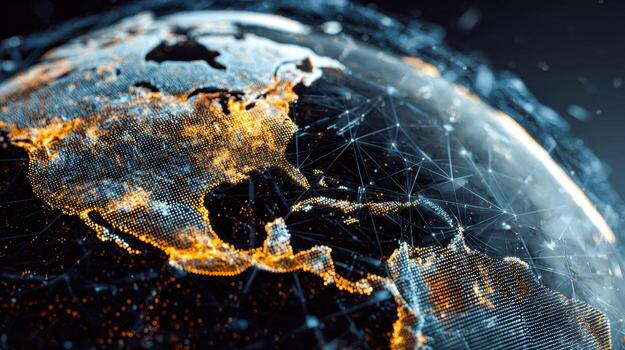 Digital illuminated globe highlighting global connectivity and technological networks photo