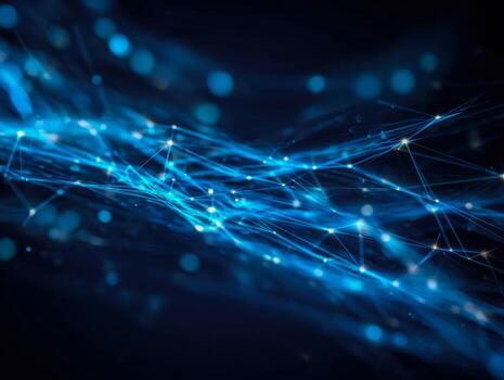 Digital network visualization with interconnected glowing points and flowing lines photo