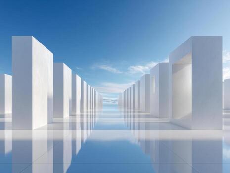 Endless modern white geometric structures lined symmetrically reflecting on a shiny surface under a bright blue sky with soft clouds creating a surreal perspective photo