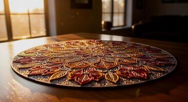 Intricate Mandala Design Autumn Colors Wooden Art. photo