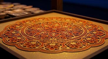 Intricate Wooden Marquetry Mandala Art Piece. photo