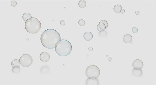 Abstract 3D rendering of clear transparent bubbles floating on a light gray background. photo