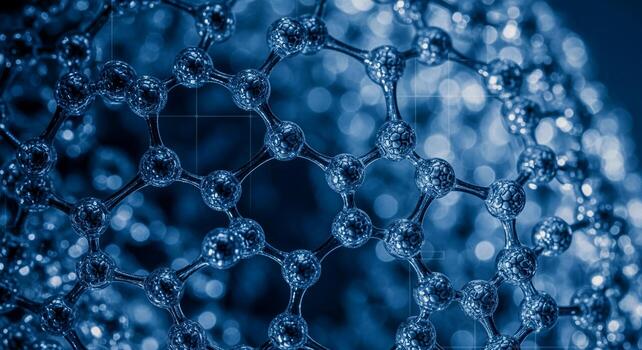 Abstract blue molecular structure with interconnected spheres and hexagonal patterns, representing science and technology. photo