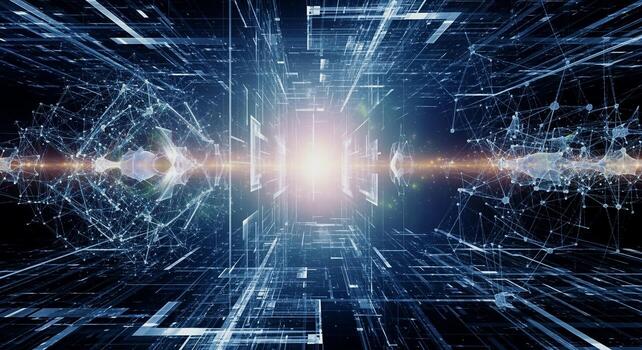 Abstract digital tunnel with glowing light and geometric lines, representing data flow and technology. photo