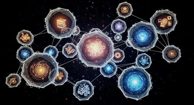 Abstract network of interconnected glowing cells or data nodes on a dark background, representing technology and science. photo