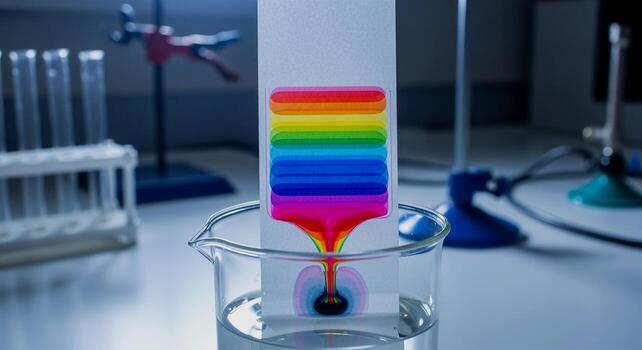 Chromatography experiment showing separation of colorful ink components in a lab. photo
