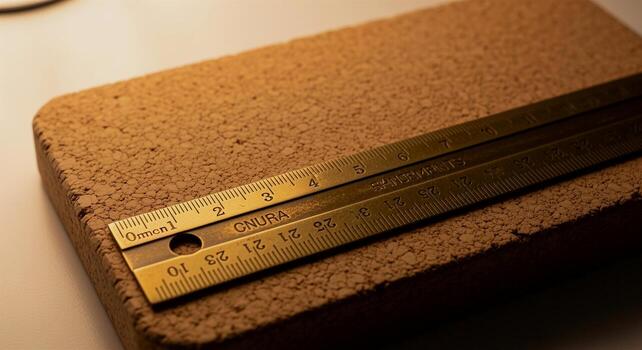 Close-up of a brass ruler resting on a cork block, highlighting precision and craftsmanship in a workshop setting. photo