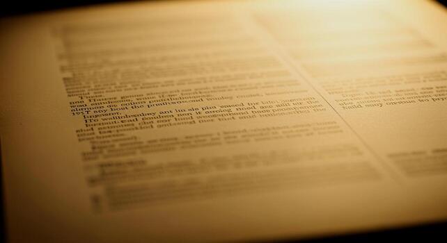 Close-up of a document with blurred text, illuminated by a warm light, creating a vintage and mysterious atmosphere. photo