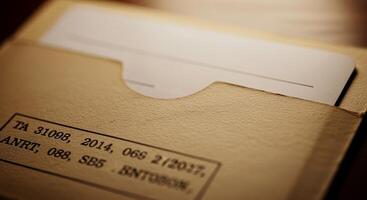 Close-up of a manila envelope with printed text and a white paper insert. photo